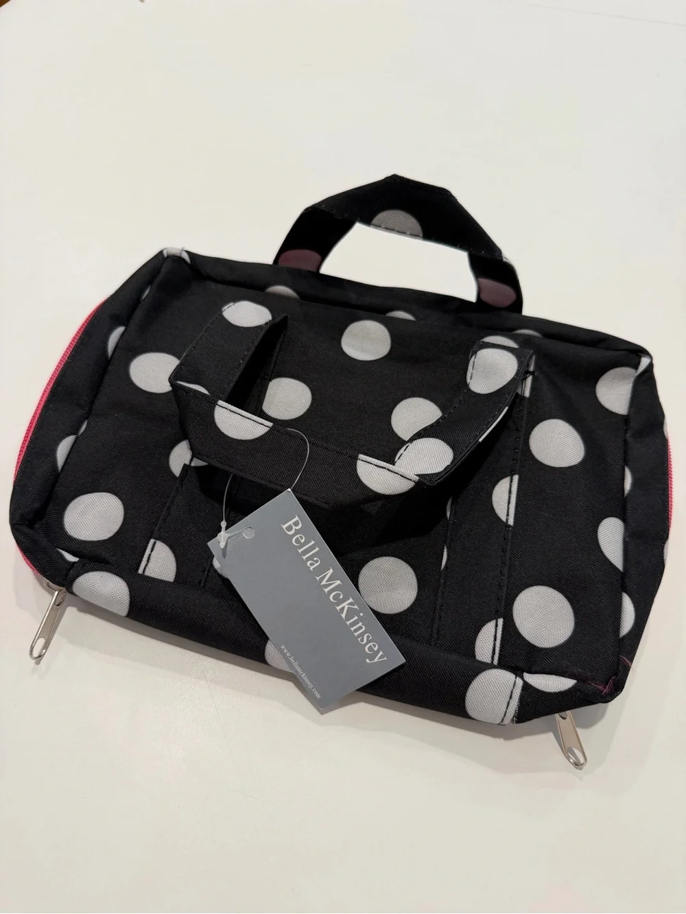 Bella McKinsey Black Polka Dot w Pink Zipper Mini Travel Bag cosmetic bag NWT